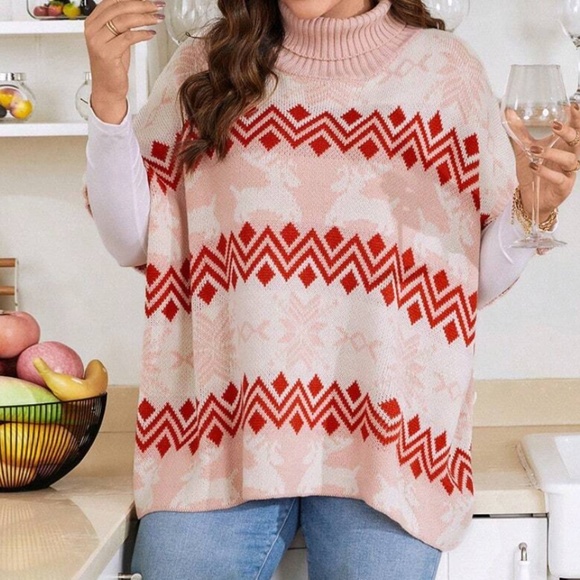 Plus  Christmas Holiday Reindeer Snowflake Print Oversized Sweater - Picture 1 of 6